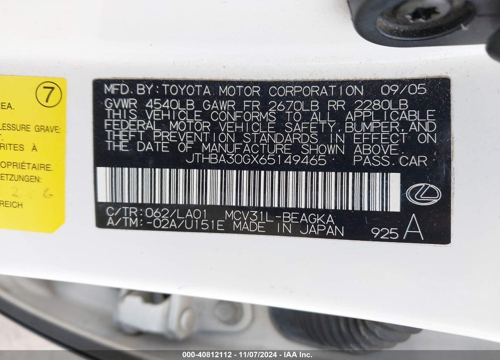 2006 LEXUS ES 330 VIN: JTHBA30GX65149465