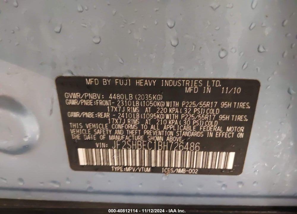 2011 SUBARU FORESTER 2.5X LIMITED VIN: JF2SHBEC1BH726486