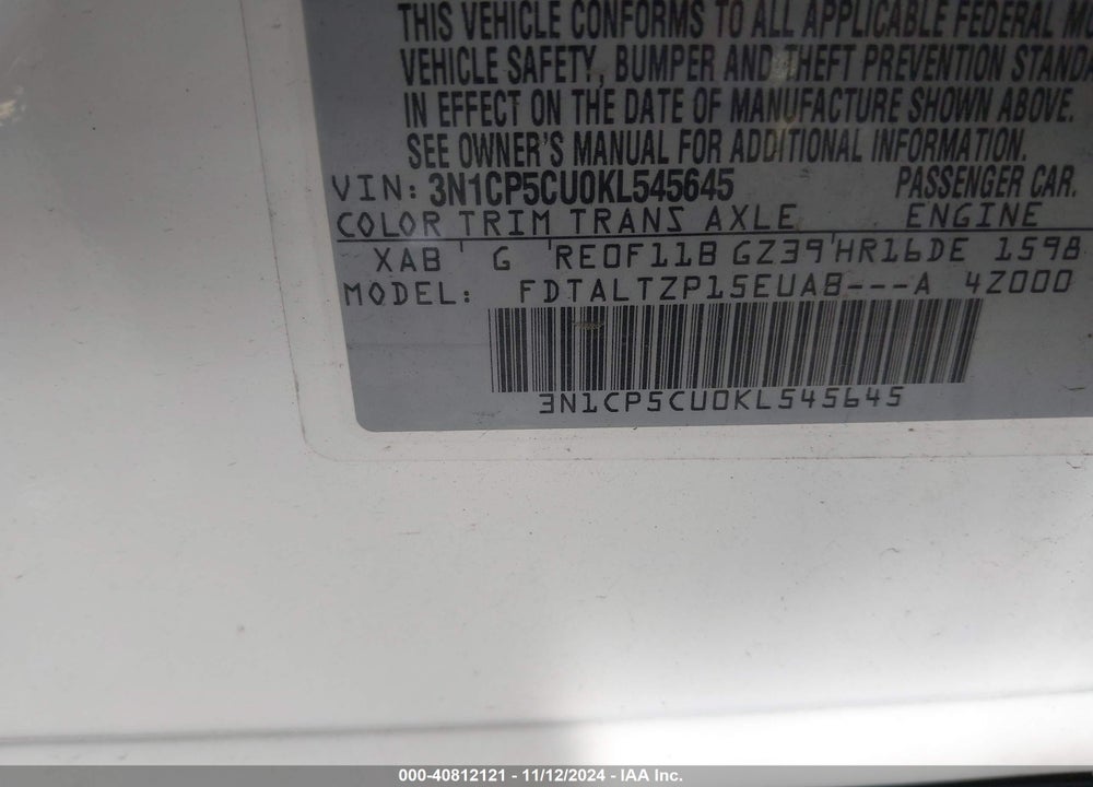 2019 NISSAN KICKS SR VIN: 3N1CP5CU0KL545645