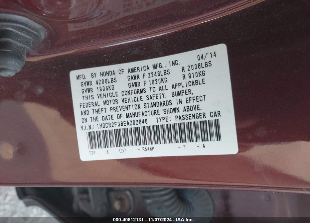 2014 HONDA ACCORD LX VIN: 1HGCR2F38EA202846