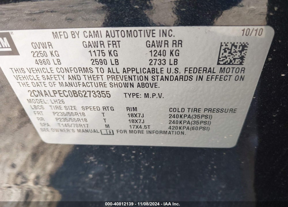2011 CHEVROLET EQUINOX 2LT VIN: 2CNALPEC0B6273355