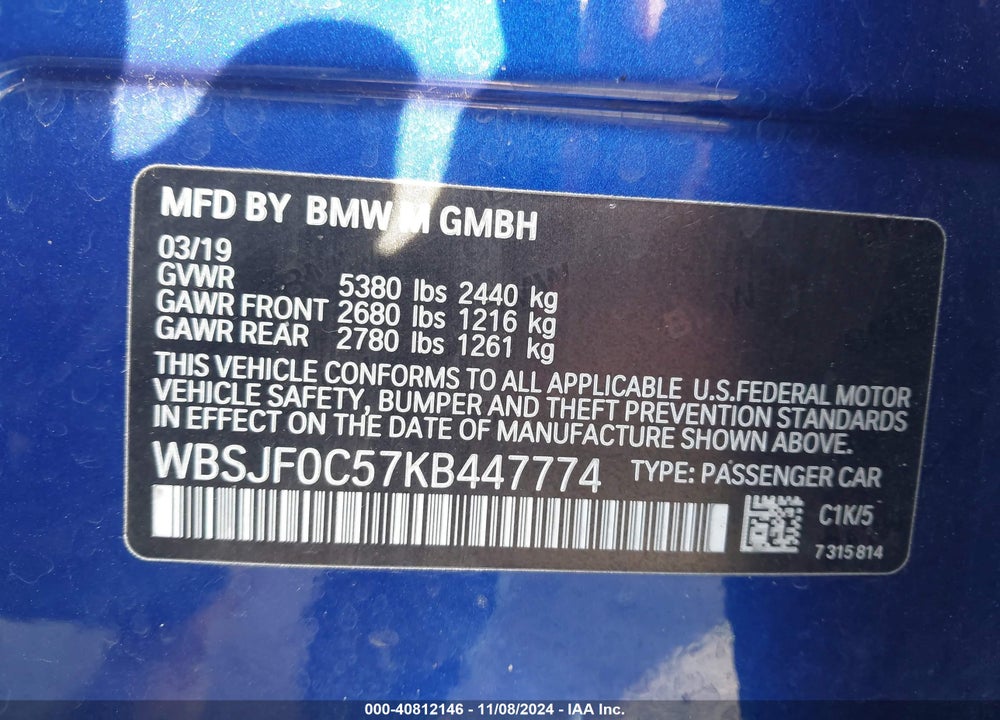 2019 BMW M5 VIN: WBSJF0C57KB447774
