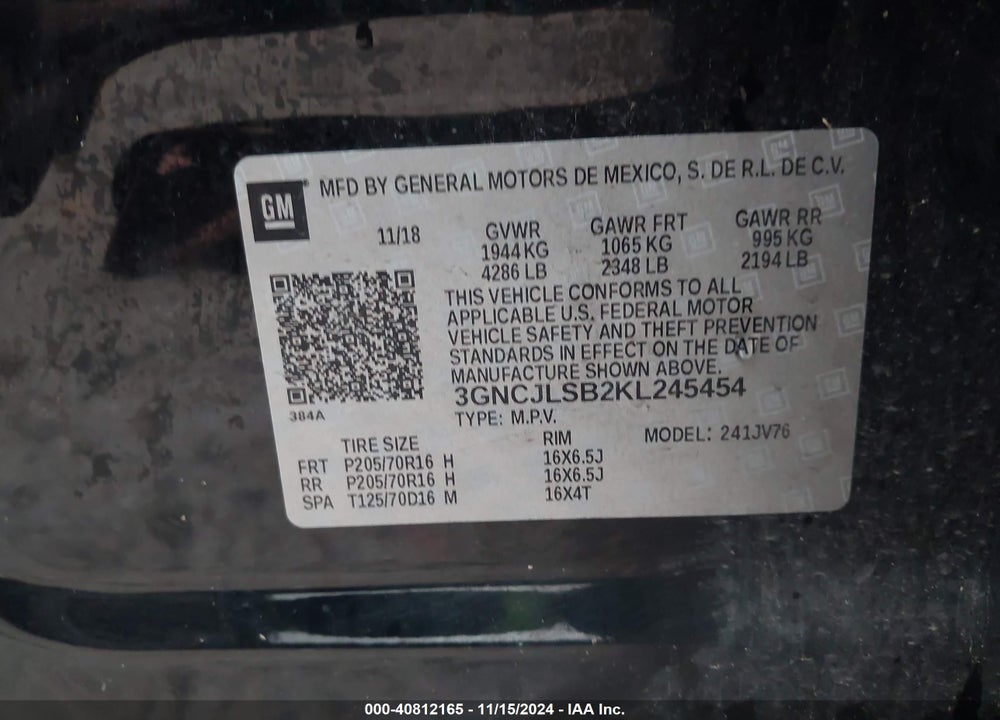 2019 CHEVROLET TRAX VIN: 3GNCJLSB2KL245454