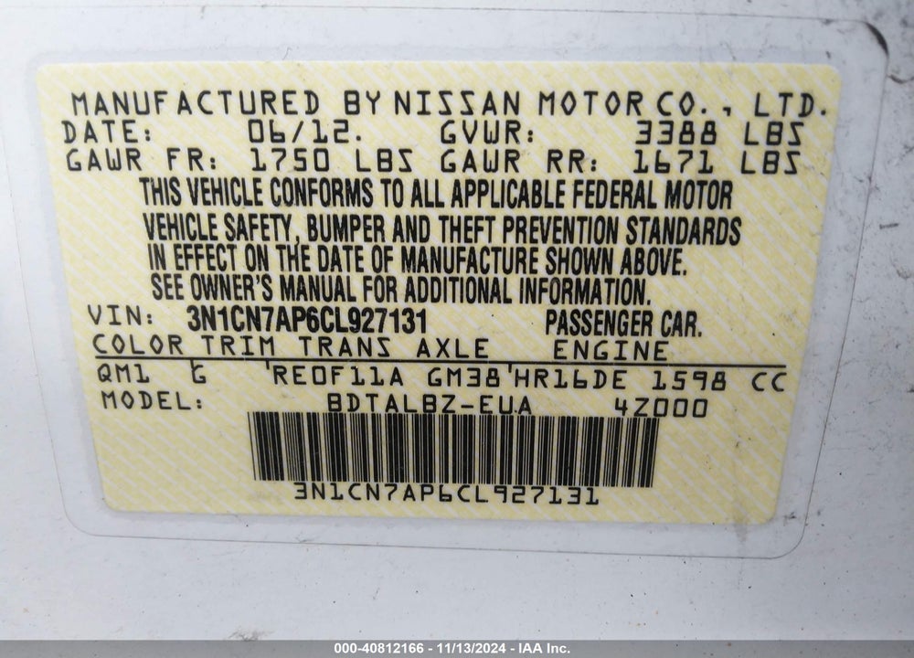 2012 NISSAN VERSA 1.6 SV VIN: 3N1CN7AP6CL927131