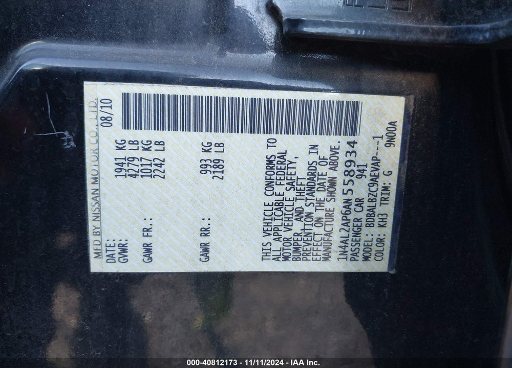 2010 NISSAN ALTIMA 2.5 S VIN: 1N4AL2AP6AN558934