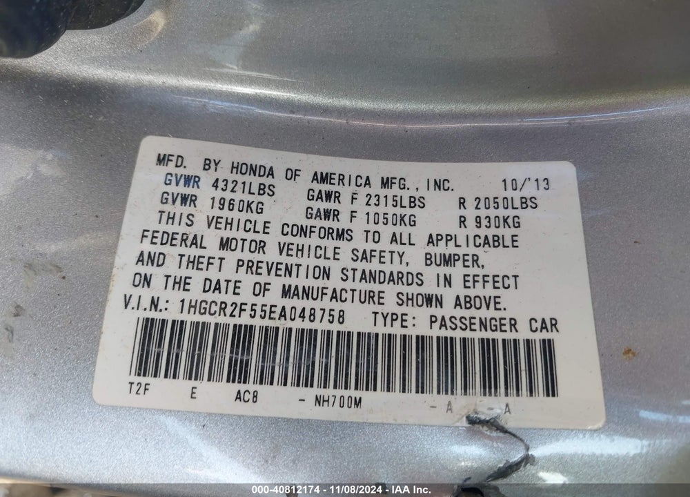 2014 HONDA ACCORD SPORT VIN: 1HGCR2F55EA048758