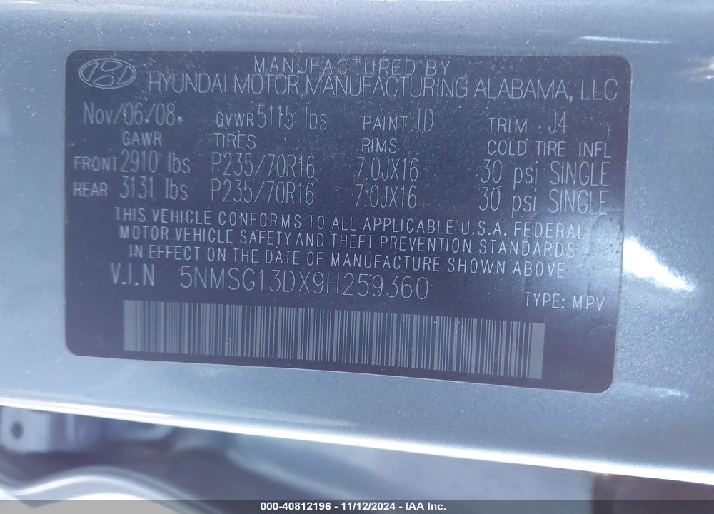 2009 HYUNDAI SANTA FE GLS VIN: 5NMSG13DX9H259360