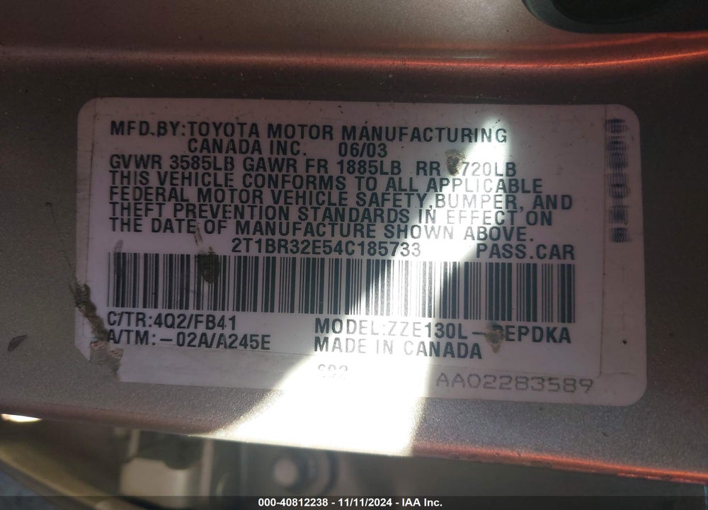 2004 TOYOTA COROLLA CE VIN: 2T1BR32E54C185733