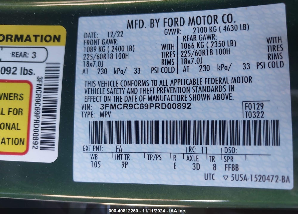 2023 FORD BRONCO SPORT OUTER BANKS VIN: 3FMCR9C69PRD00892