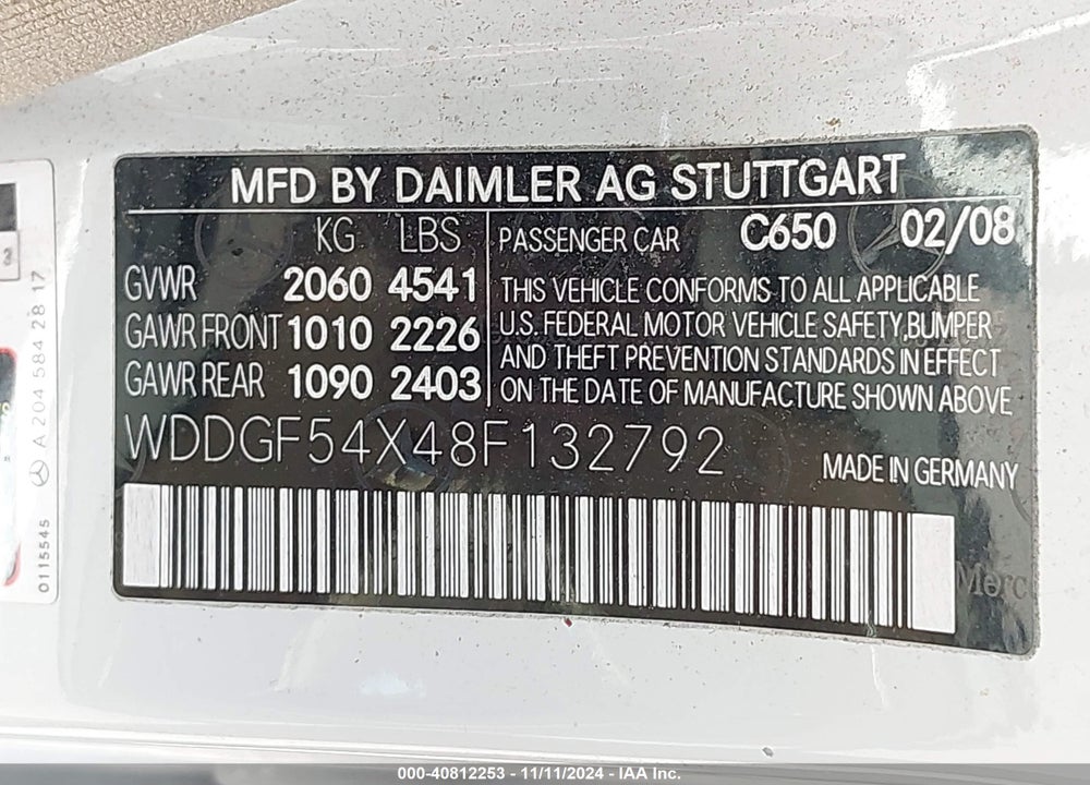 2008 MERCEDES-BENZ C 300 LUXURY/SPORT VIN: WDDGF54X48F132792