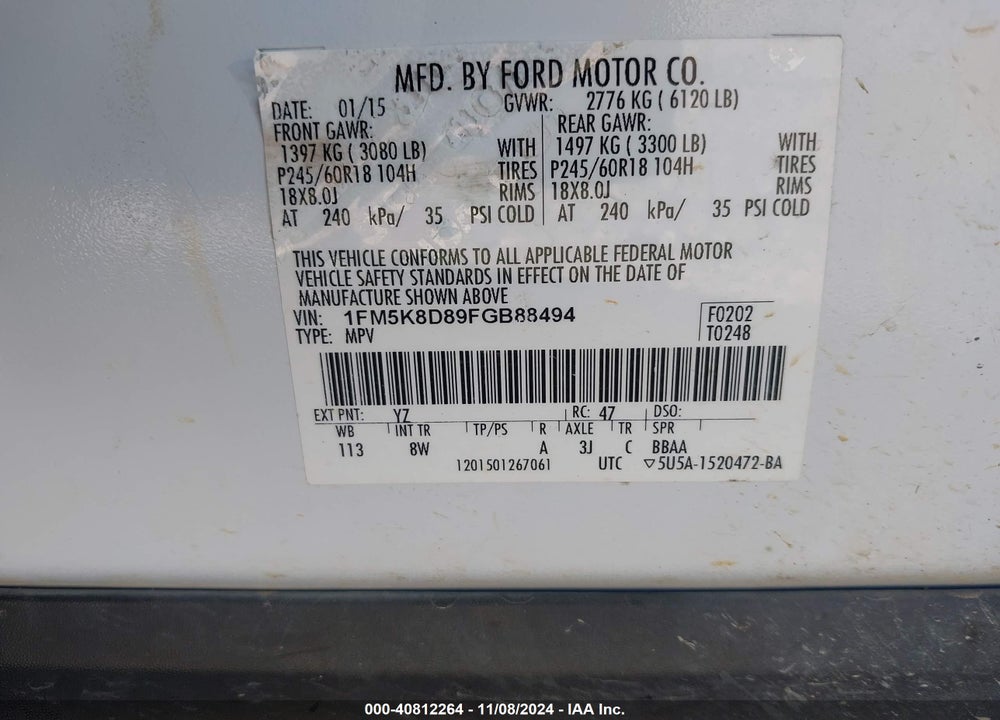 2015 FORD EXPLORER XLT VIN: 1FM5K8D89FGB88494