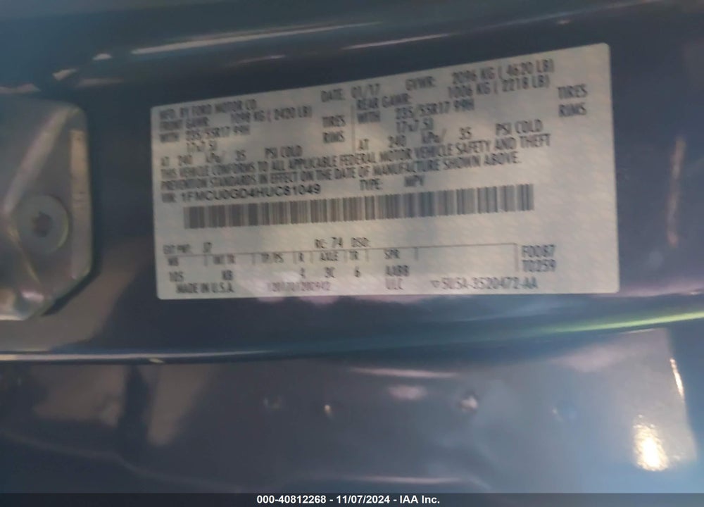 2017 FORD ESCAPE SE VIN: 1FMCU0GD4HUC81049