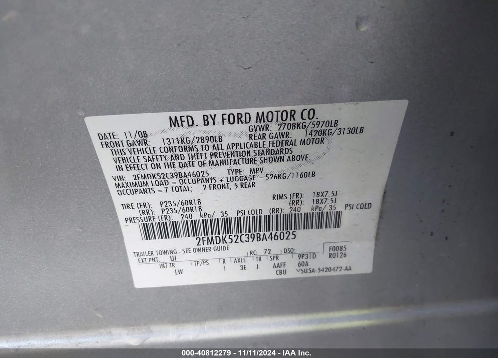 2009 FORD FLEX SEL VIN: 2FMDK52C39BA46025