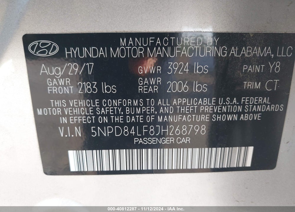2018 HYUNDAI ELANTRA SEL VIN: 5NPD84LF8JH268798