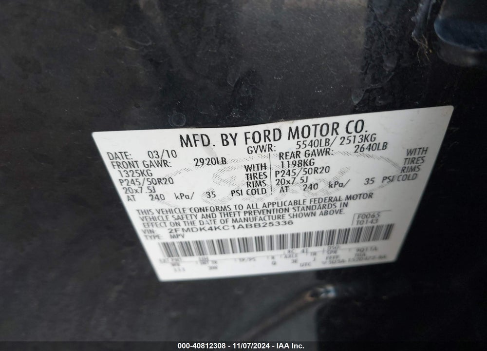 2010 FORD EDGE LIMITED VIN: 2FMDK4KC1ABB25336