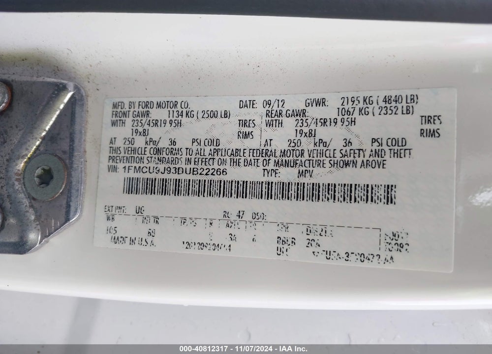 2013 FORD ESCAPE TITANIUM VIN: 1FMCU9J93DUB22266