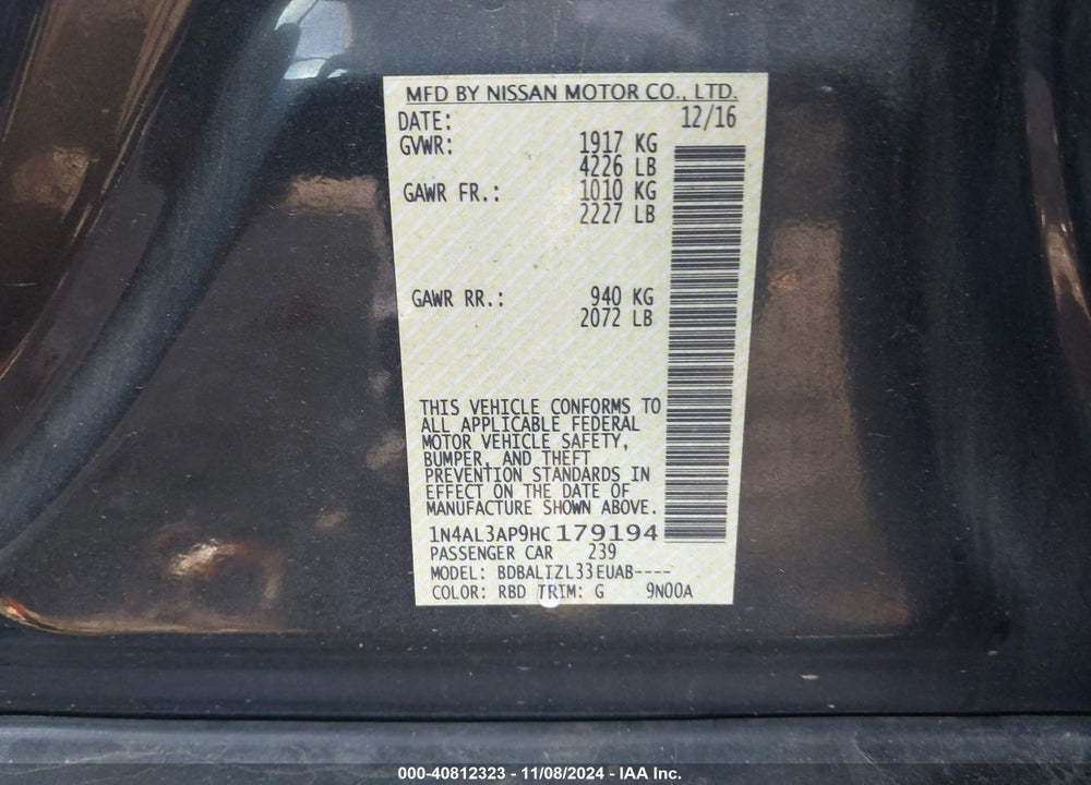 2017 NISSAN ALTIMA 2.5 SV VIN: 1N4AL3AP9HC179194