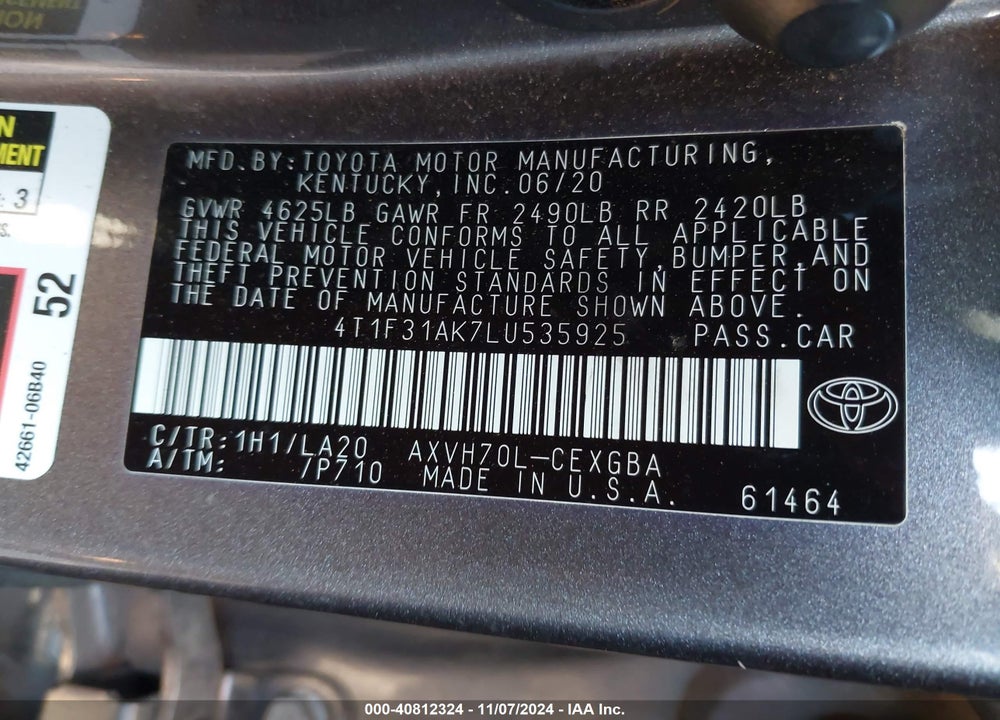 2020 TOYOTA CAMRY XLE HYBRID VIN: 4T1F31AK7LU535925
