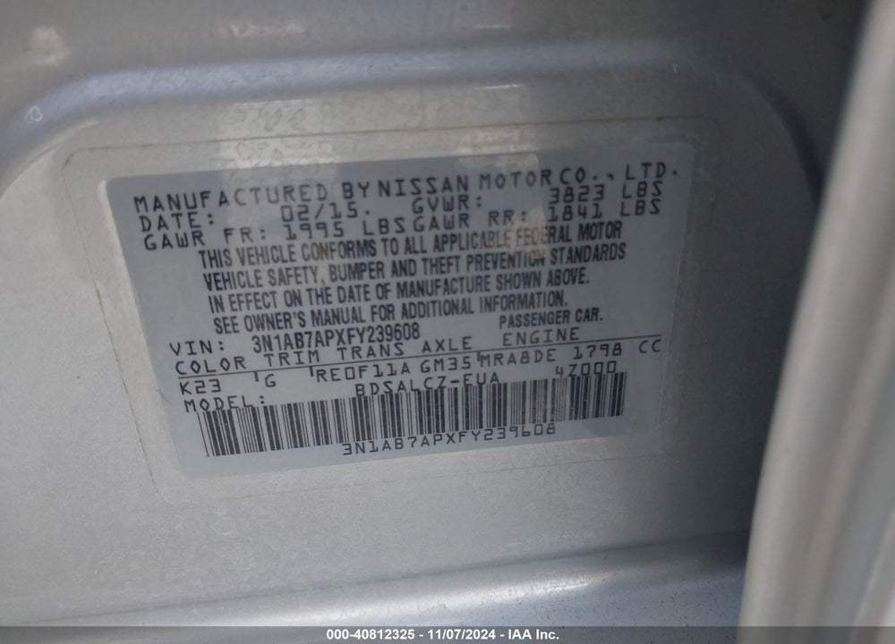 2015 NISSAN SENTRA FE+ S/S/SL/SR/SV VIN: 3N1AB7APXFY239608