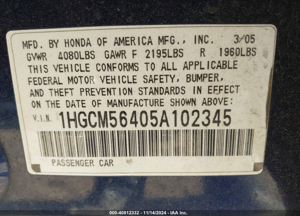 2005 HONDA ACCORD 2.4 LX VIN: 1HGCM56405A102345