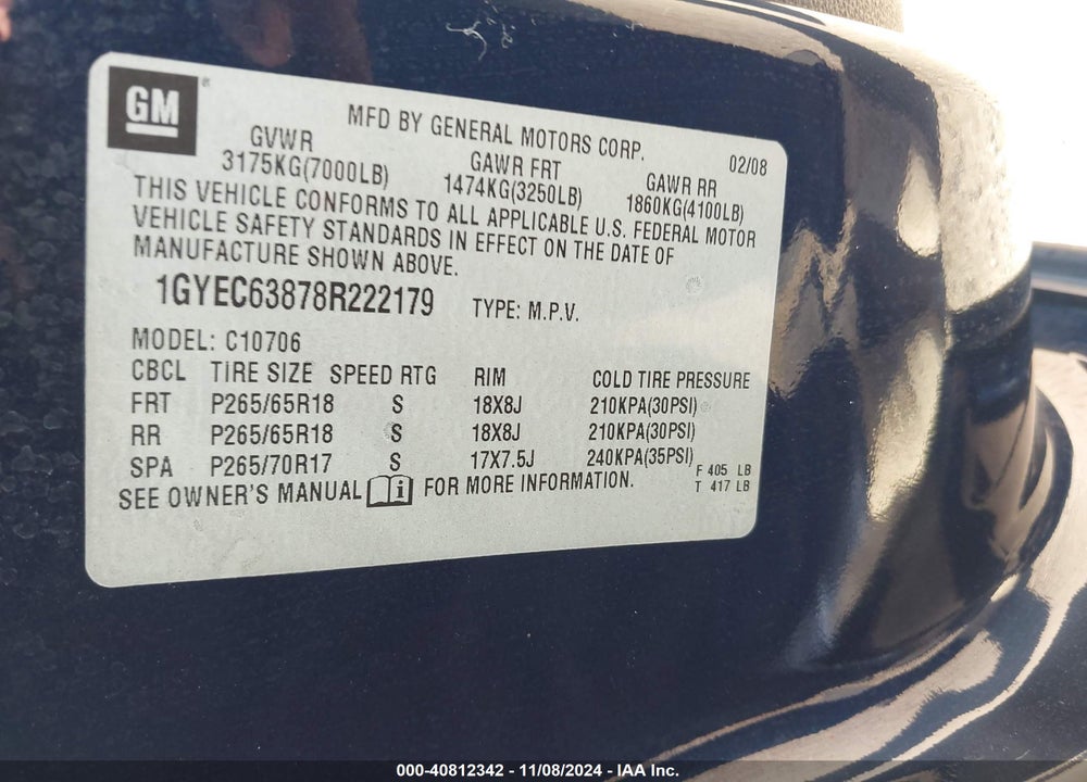 2008 CADILLAC ESCALADE STANDARD VIN: 1GYEC63878R222179