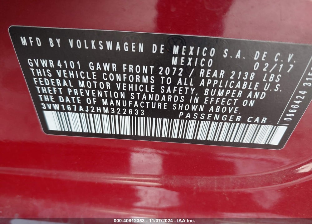 2017 VOLKSWAGEN JETTA 1.4T S VIN: 3VW167AJ2HM322633