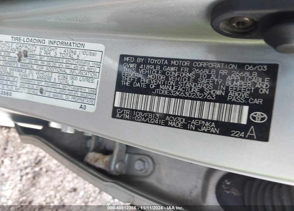 2003 TOYOTA CAMRY LE VIN: JTDBE32K630232763
