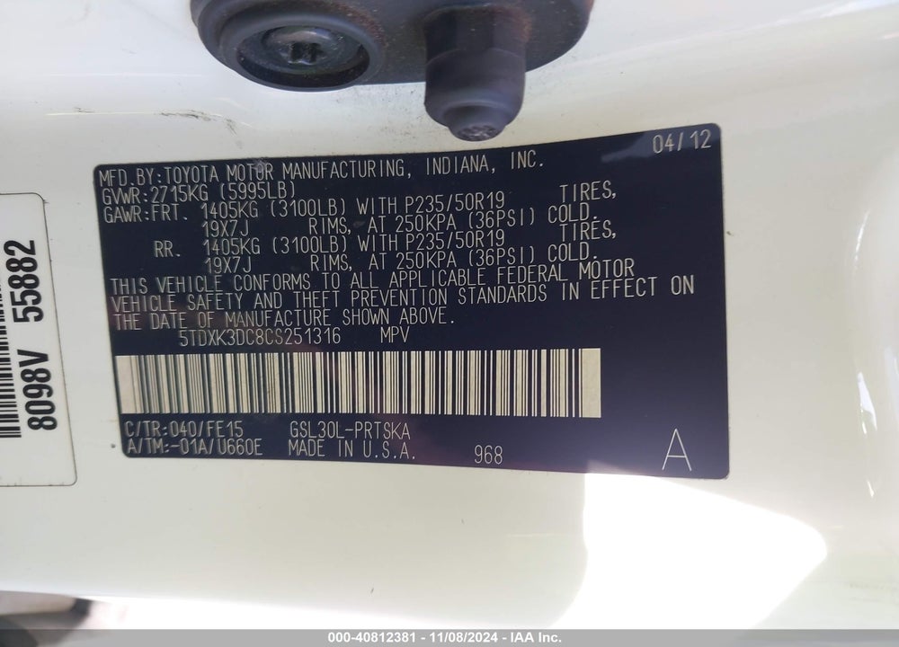 2012 TOYOTA SIENNA SE 8 PASSENGER VIN: 5TDXK3DC8CS251316