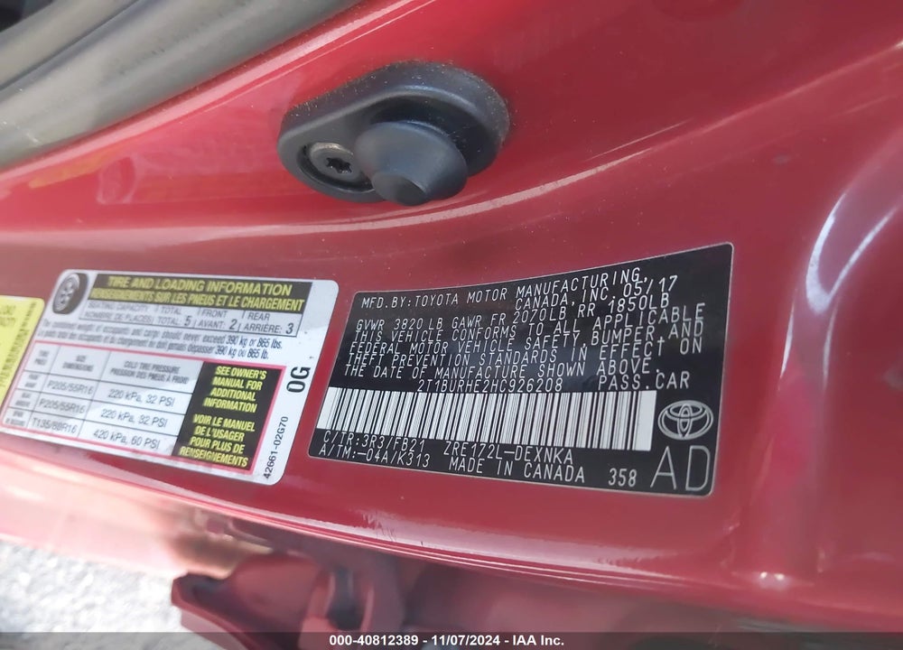 2017 TOYOTA COROLLA LE VIN: 2T1BURHE2HC926208