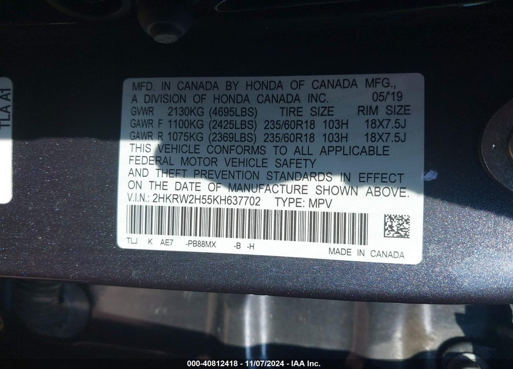 2019 HONDA CR-V EX VIN: 2HKRW2H55KH637702