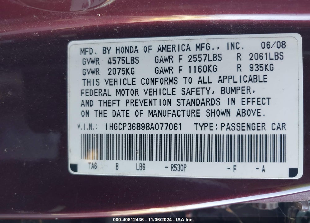 2008 HONDA ACCORD 3.5 EX-L VIN: 1HGCP36898A077061