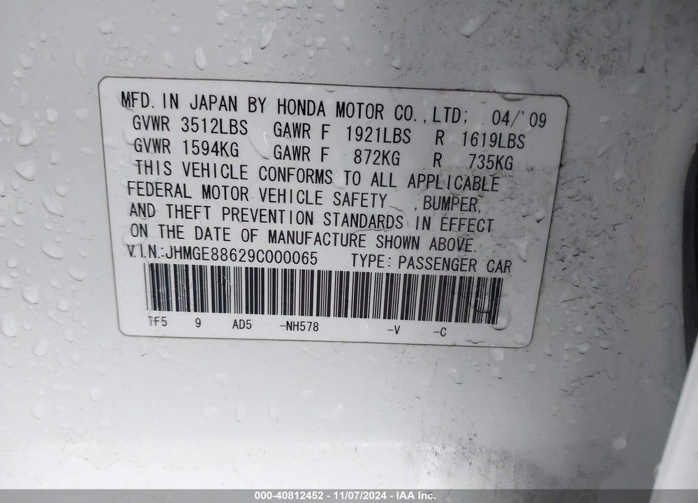 2009 HONDA FIT SPORT VIN: JHMGE88629C000065