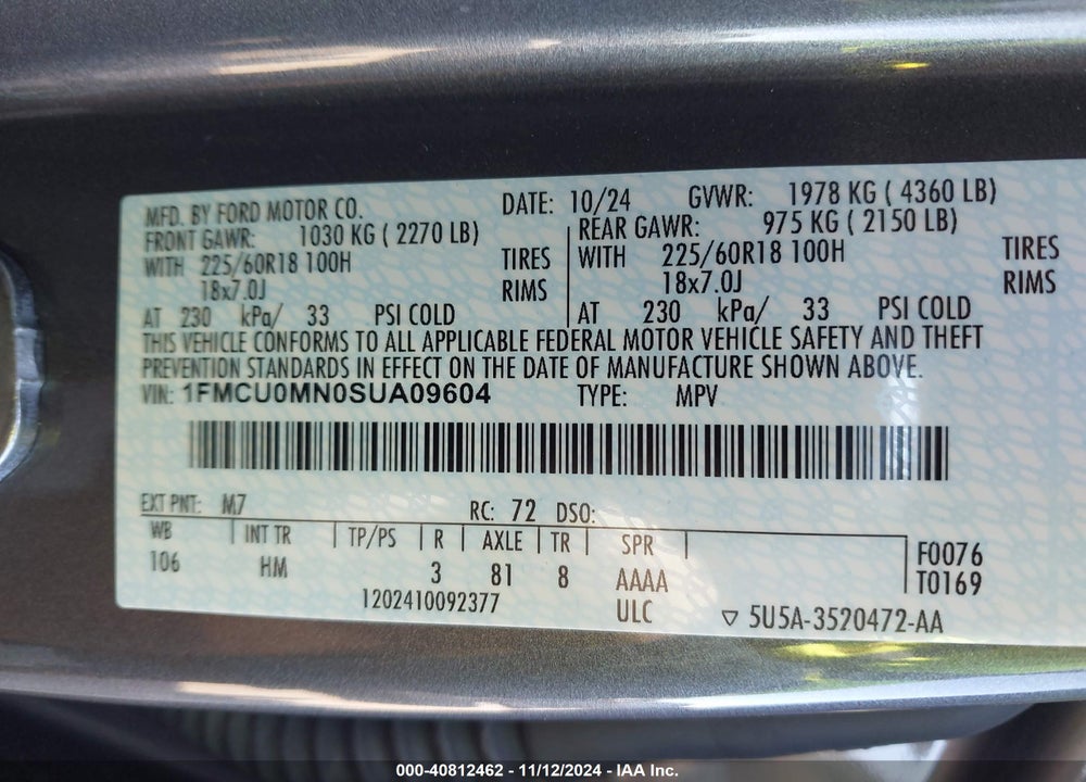 2025 FORD ESCAPE VIN: 1FMCU0MN0SUA09604