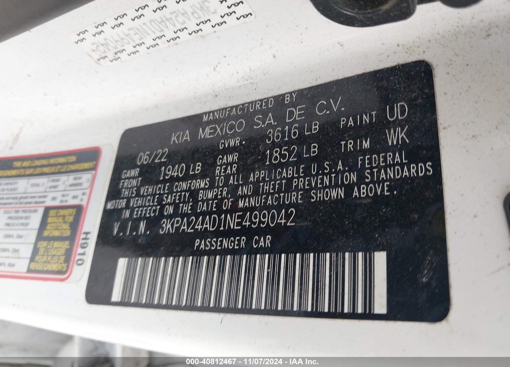 2022 KIA RIO LX VIN: 3KPA24AD1NE499042