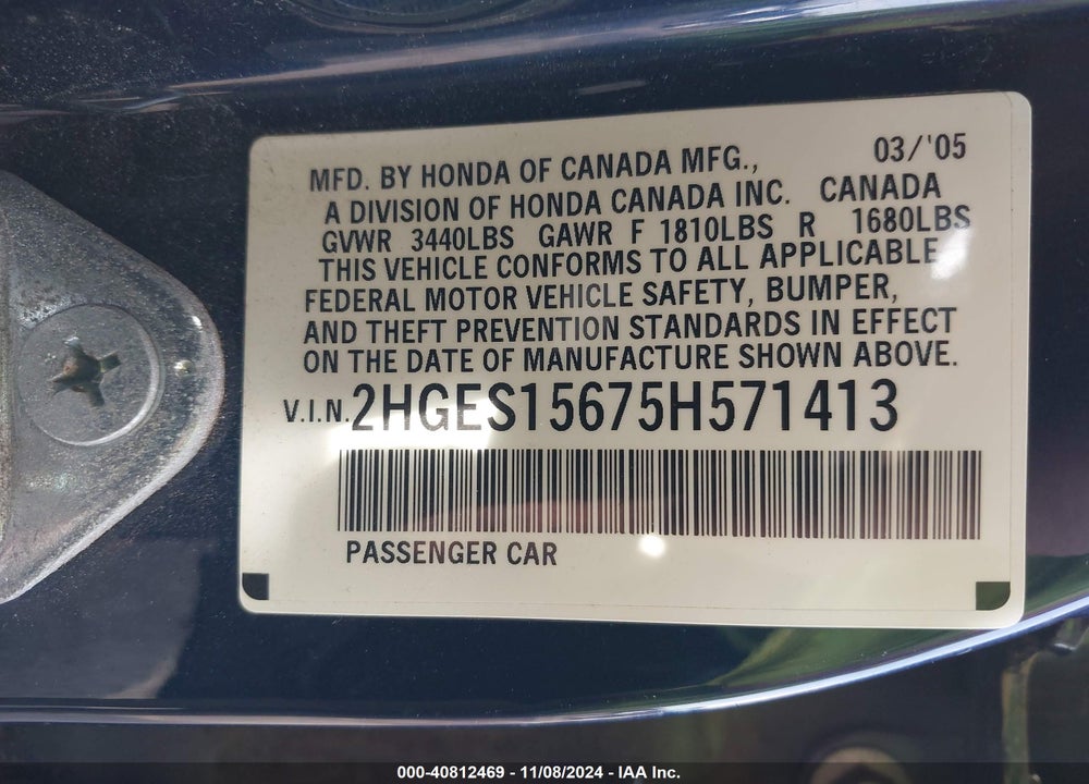 2005 HONDA CIVIC LX VIN: 2HGES15675H571413