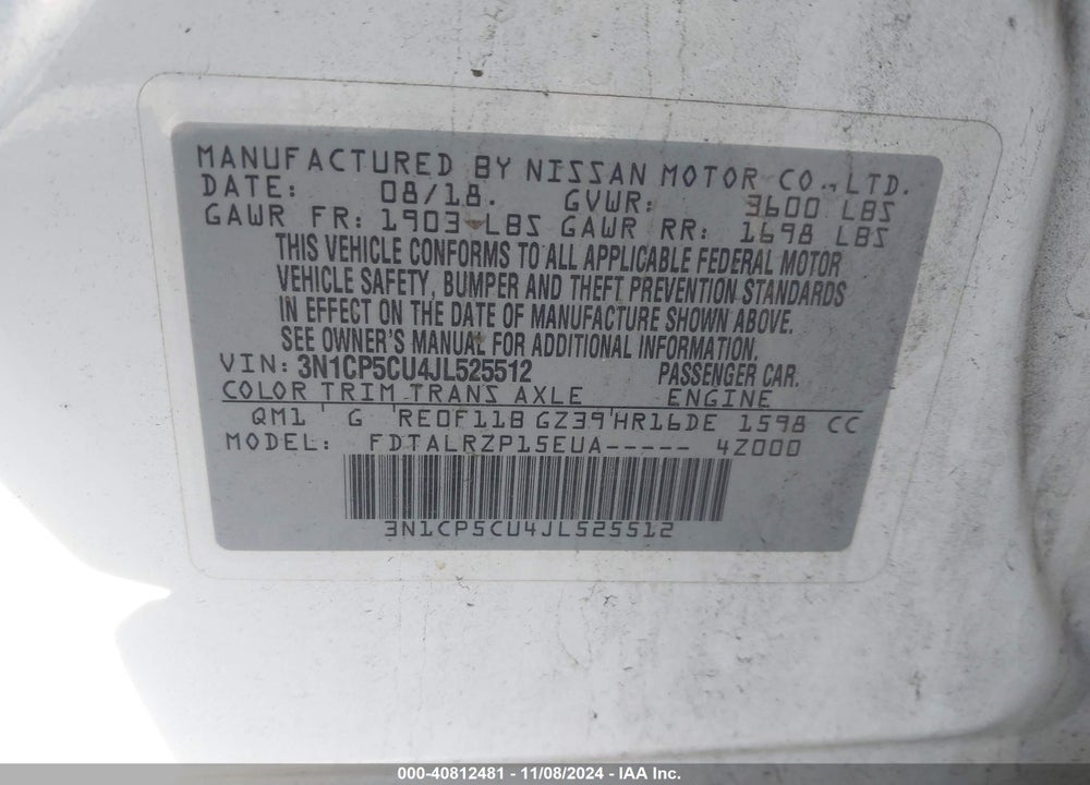 2018 NISSAN KICKS S VIN: 3N1CP5CU4JL525512