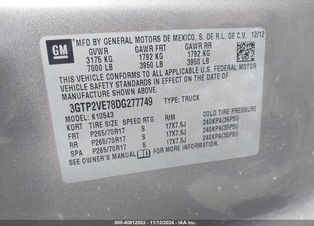 2013 GMC SIERRA VIN: 3GTP2VE78DG277749