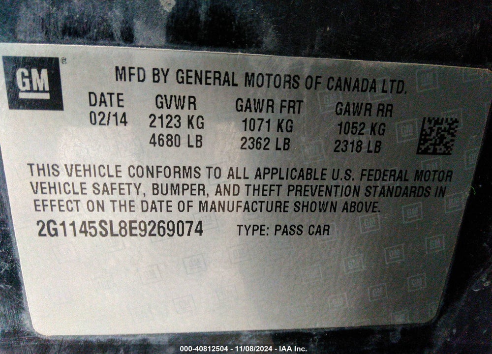 2014 CHEVROLET IMPALA 1LZ VIN: 2G1145SL8E9269074