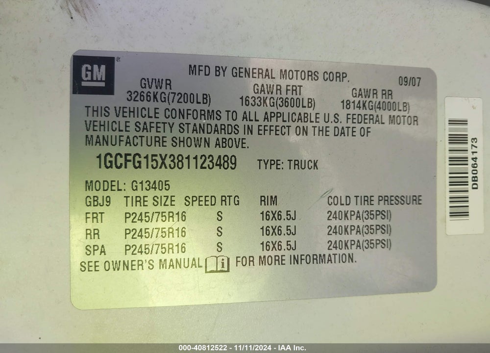 2008 CHEVROLET EXPRESS WORK VAN VIN: 1GCFG15X381123489