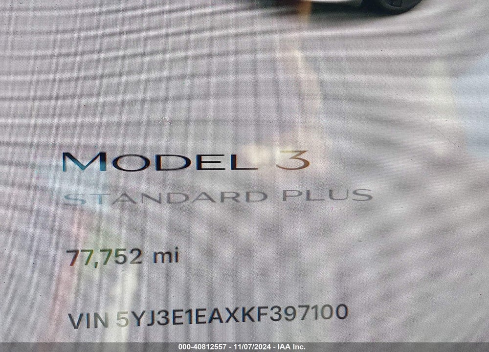 2019 TESLA MODEL 3 LONG RANGE/MID RANGE/STANDARD RANGE/STANDARD RANGE PLUS VIN: 5YJ3E1EAXKF397100