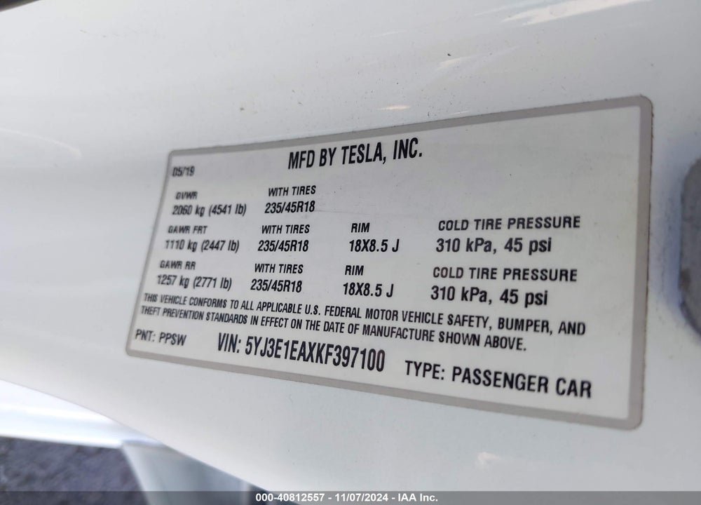 2019 TESLA MODEL 3 LONG RANGE/MID RANGE/STANDARD RANGE/STANDARD RANGE PLUS VIN: 5YJ3E1EAXKF397100