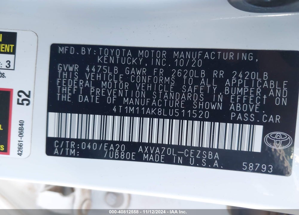 2020 TOYOTA CAMRY SE VIN: 4T1M11AK8LU511520