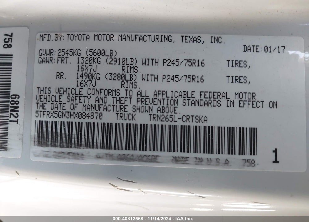 2017 TOYOTA TACOMA SR VIN: 5TFRX5GN3HX084870