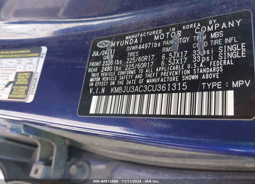 2012 HYUNDAI TUCSON GLS VIN: KM8JU3AC3CU361315