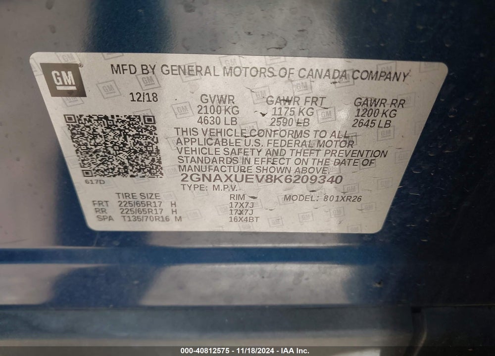 2019 CHEVROLET EQUINOX LT VIN: 2GNAXUEV8K6209340