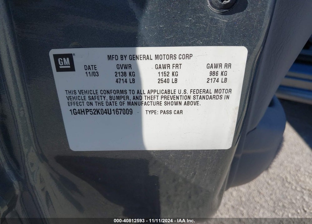 2004 BUICK LESABRE CUSTOM VIN: 1G4HP52K04U167009