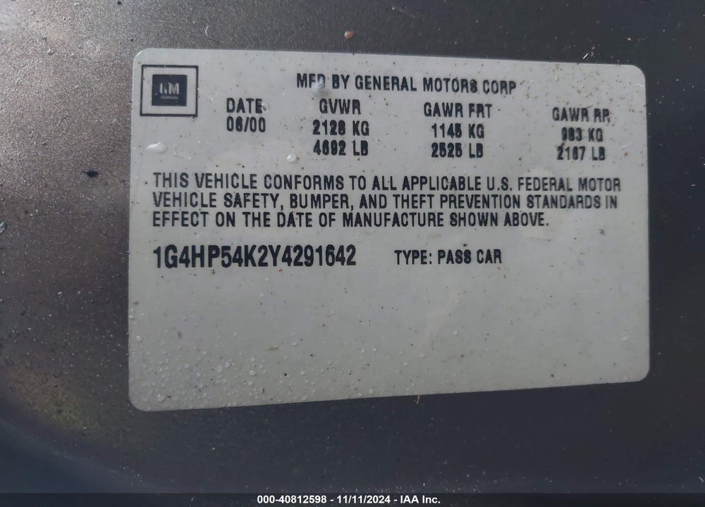 2000 BUICK LESABRE CUSTOM VIN: 1G4HP54K2Y4291642