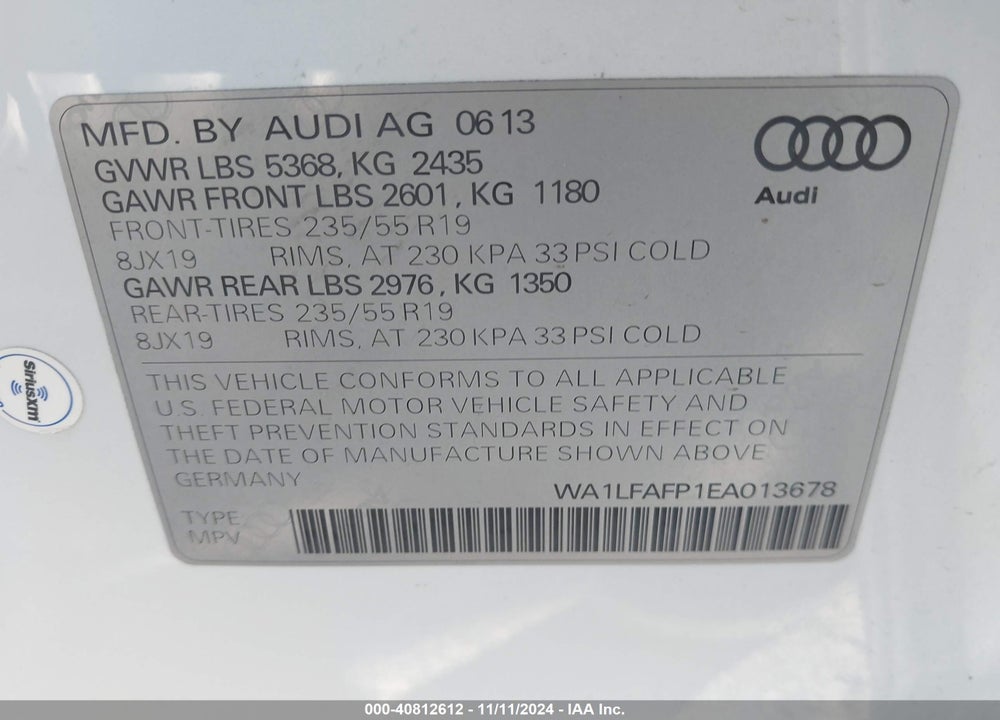 2014 AUDI Q5 VIN: WA1LFAFP1EA013678