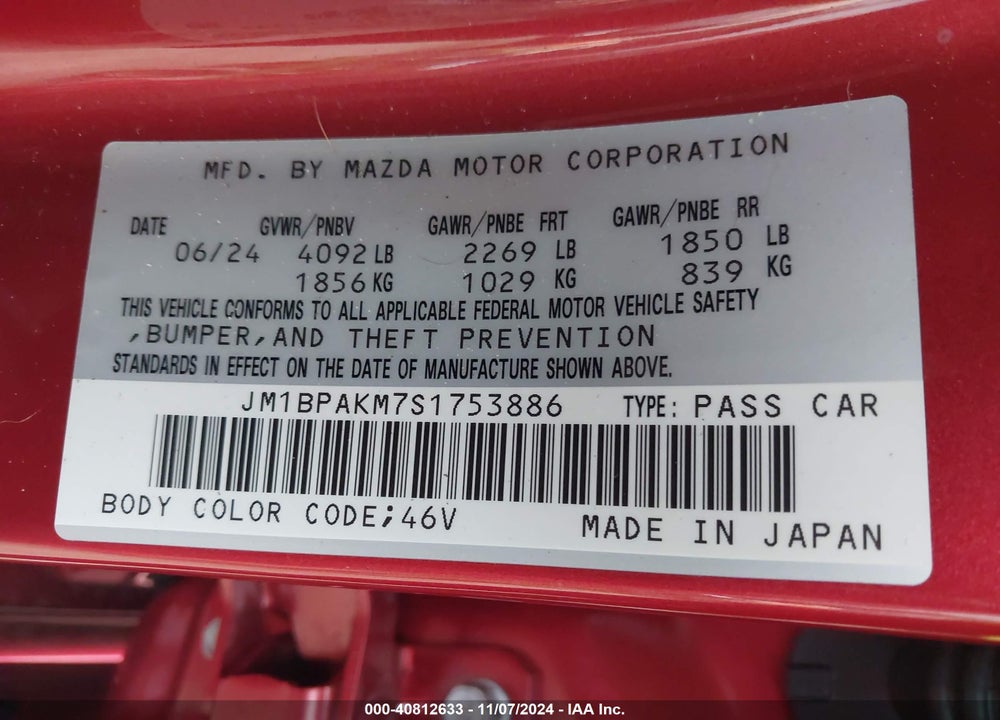 2025 MAZDA 3 2.5 S SELECT SPORT VIN: JM1BPAKM7S1753886