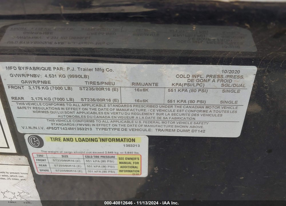 2021 PJ TRAILERS --- VIN: 4P5DT1424M1353213